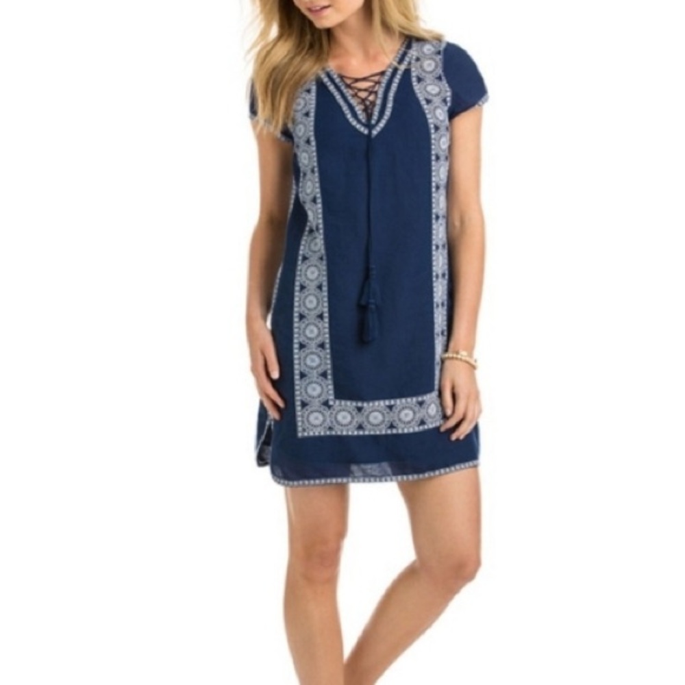 Vineyard Vines Blue and White Dress with Embroidered Trim - Size 4